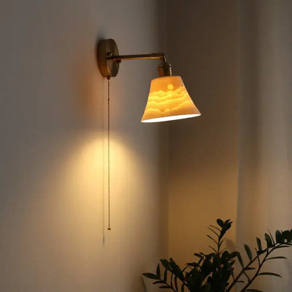 Vintage brass ceramic led wall sconce with ribbed glass for bedroom