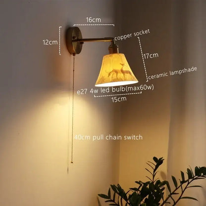 Vintage brass ceramic led wall sconce with ribbed glass for bedroom