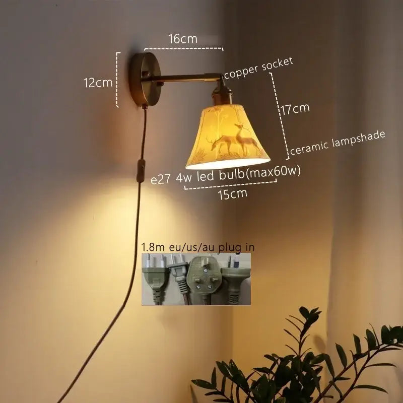 Vintage brass ceramic led wall sconce with ribbed glass for bedroom