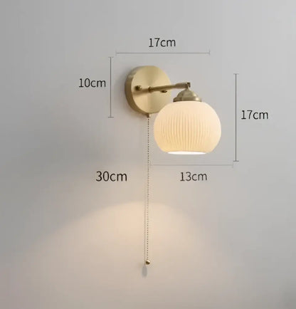 Vintage brass ceramic wall lamp with ribbed glass shade for bedroom