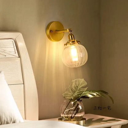Vintage brass chevron clear glass led wall lamp bedroom sconce