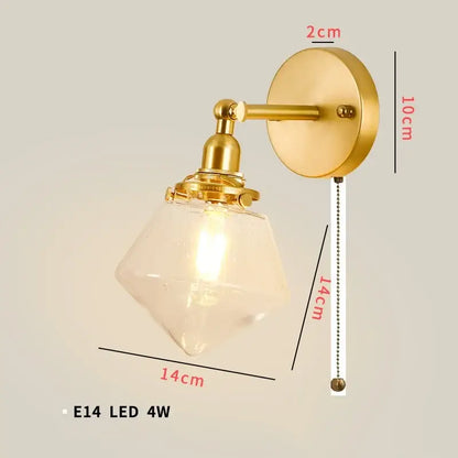 Vintage brass chevron clear glass led wall lamp bedroom sconce