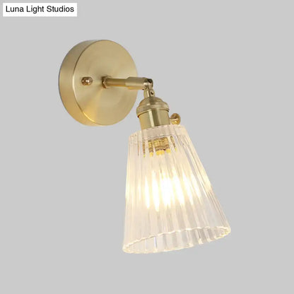 Vintage brass clear ribbed glass wall sconce bedroom led light