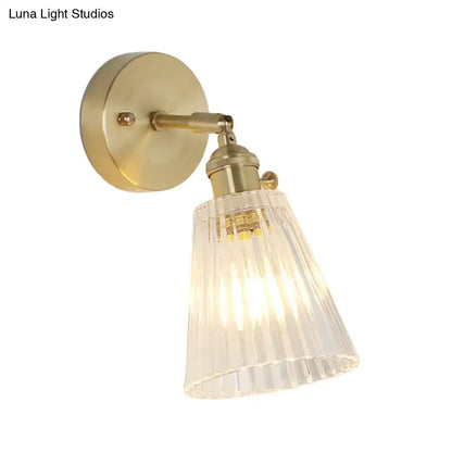 Vintage brass clear ribbed glass wall sconce bedroom led light