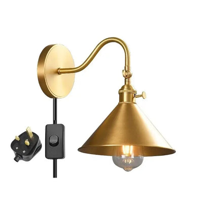 Vintage brass conical led copper wall lights for bedroom with pull chain