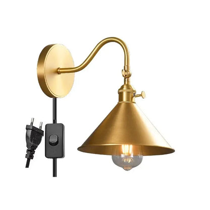 Vintage brass conical led copper wall lights for bedroom with pull chain