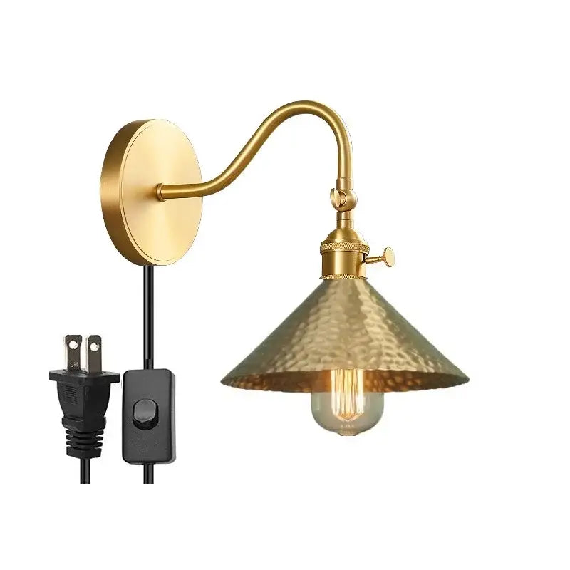 Vintage brass conical led copper wall lights for bedroom with pull chain