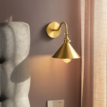 Vintage brass conical led copper wall lights for bedroom with pull chain