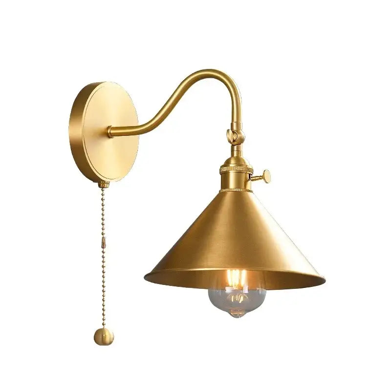 Vintage brass conical led copper wall lights for bedroom with pull chain