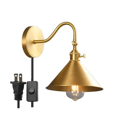 Vintage brass conical led copper wall lights for bedroom with pull chain