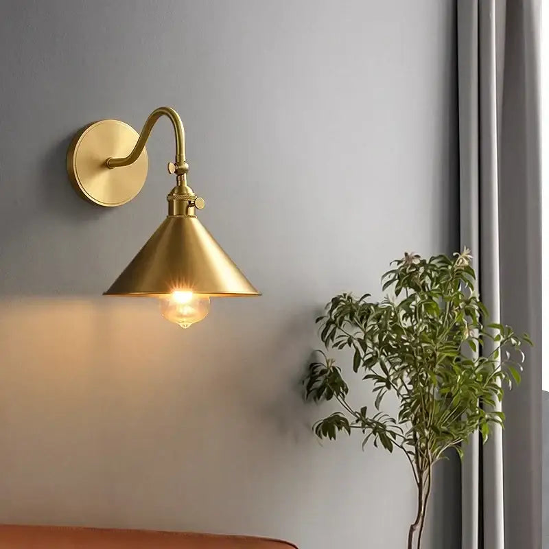 Vintage brass conical led copper wall lights for bedroom with pull chain