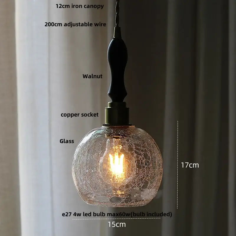 Vintage brass crackled glass globe led pendant light kitchen fixture