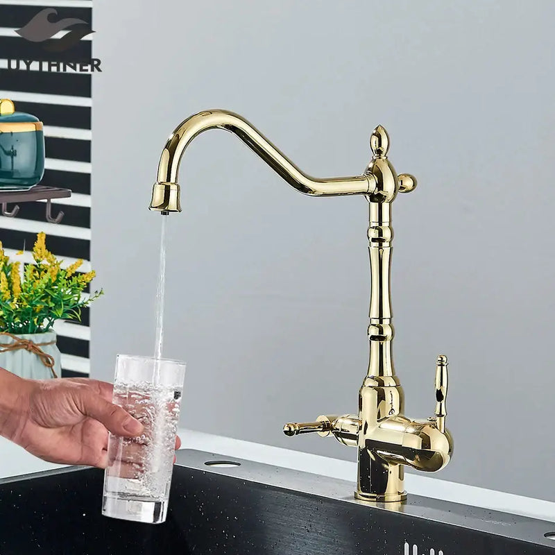 Vintage brass dual spout filter faucet kitchen water purification