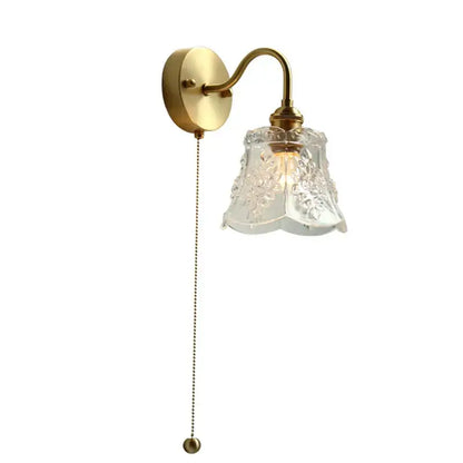 Vintage brass floral glass led wall sconce bathroom light pull chain