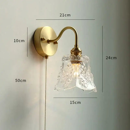 Vintage brass floral glass led wall sconce bathroom light pull chain