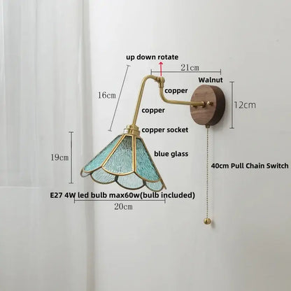 Vintage brass flower led wall lights with rotate pull chain bedroom