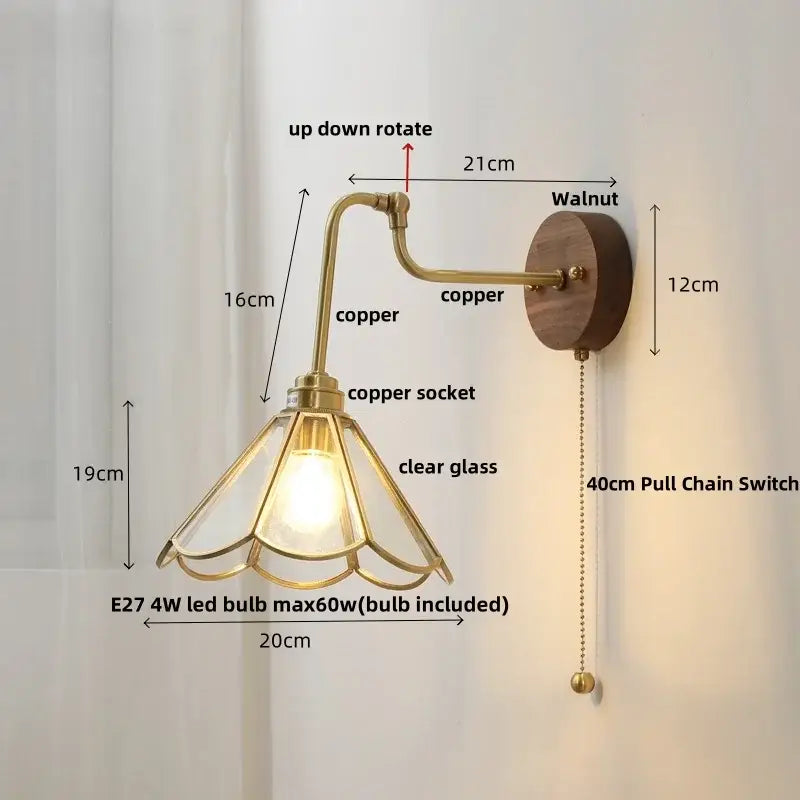 Vintage brass flower led wall lights with rotate pull chain bedroom