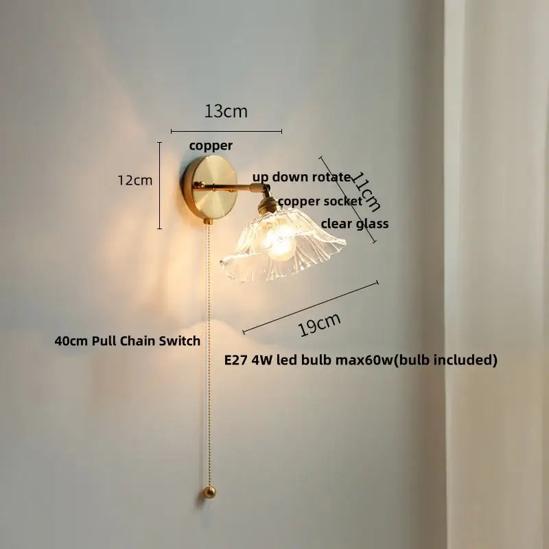 Vintage brass fluted glass bedside sconce wall light for bedroom