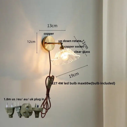 Vintage brass fluted glass bedside sconce wall light for bedroom