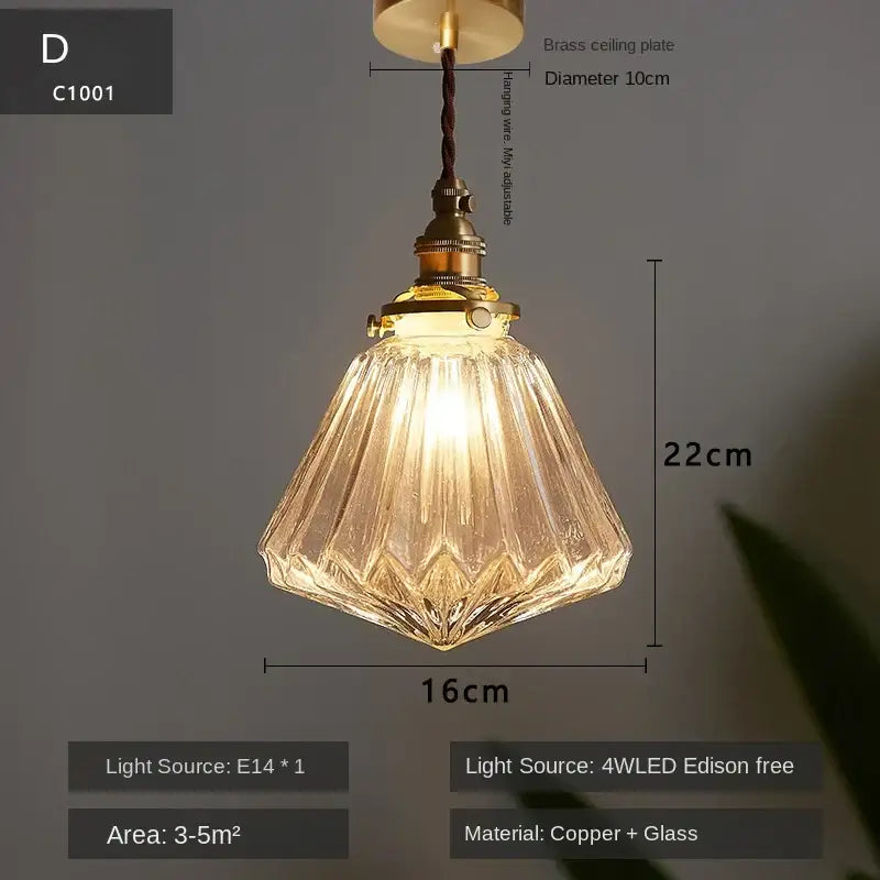 Vintage brass glass led pendant lamp dining room textured shade