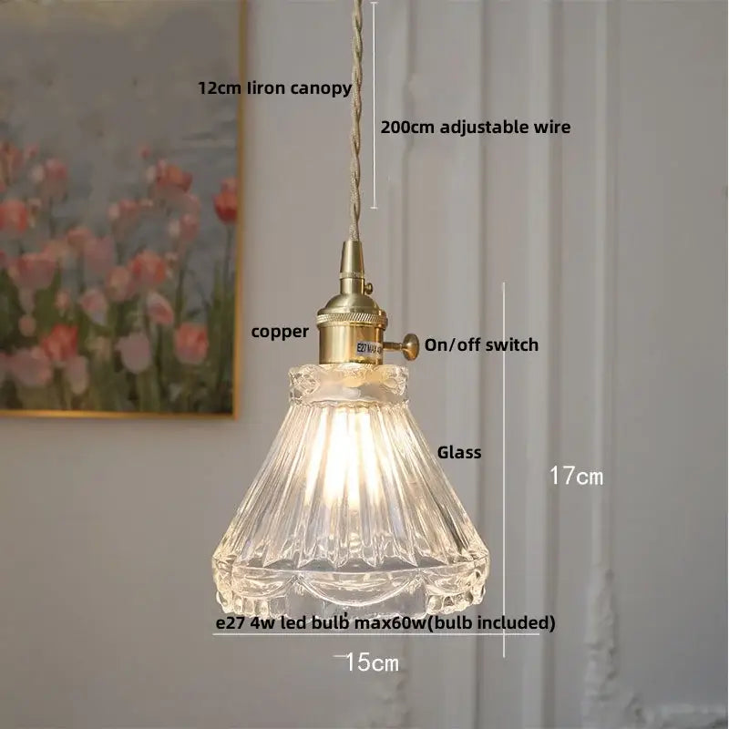 Vintage brass glass led pendant lamp kitchen fluted hanging light