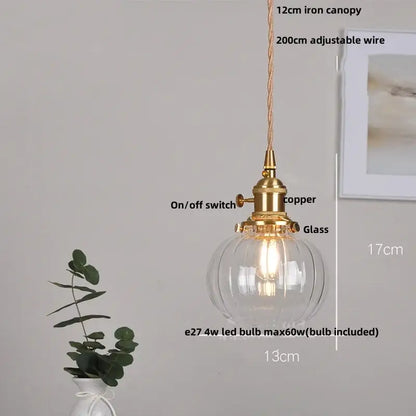 Vintage brass glass led pendant lamp kitchen fluted hanging light