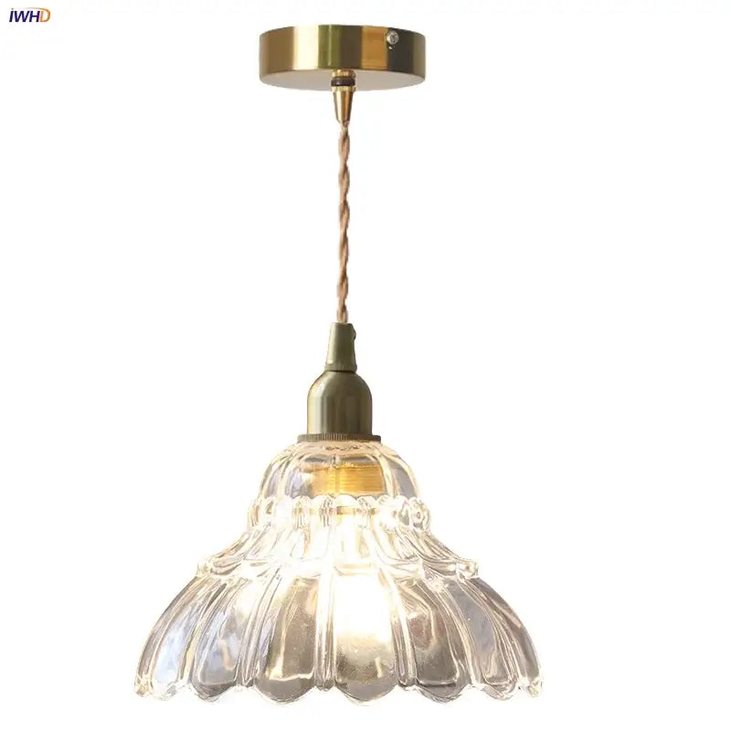 Vintage brass glass led pendant lamp kitchen fluted hanging light