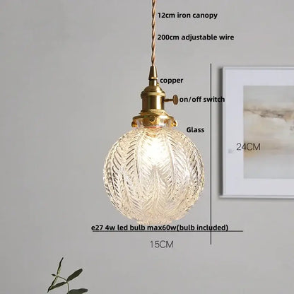 Vintage brass glass led pendant lamp kitchen fluted hanging light