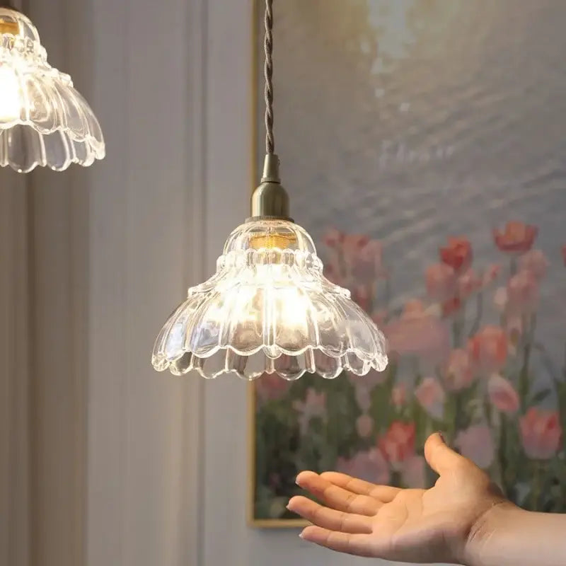 Vintage brass glass led pendant lamp kitchen fluted hanging light
