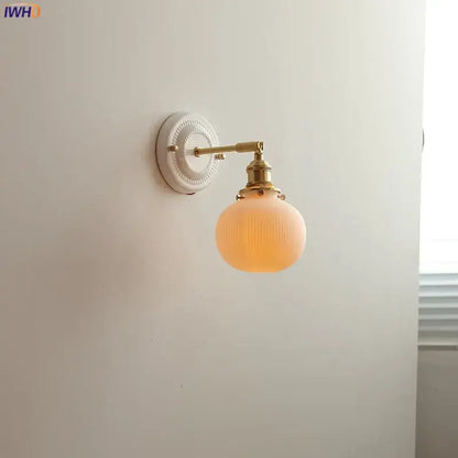 Vintage brass globe wall sconce bedroom ribbed glass light