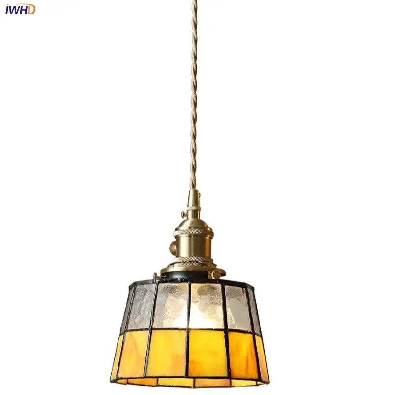 Vintage brass led pendant light amber glass dining room lamp