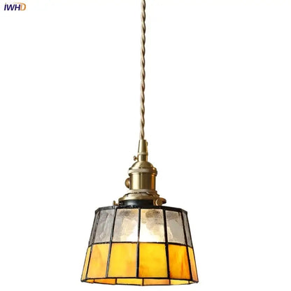 Vintage brass led pendant light amber glass dining room lamp