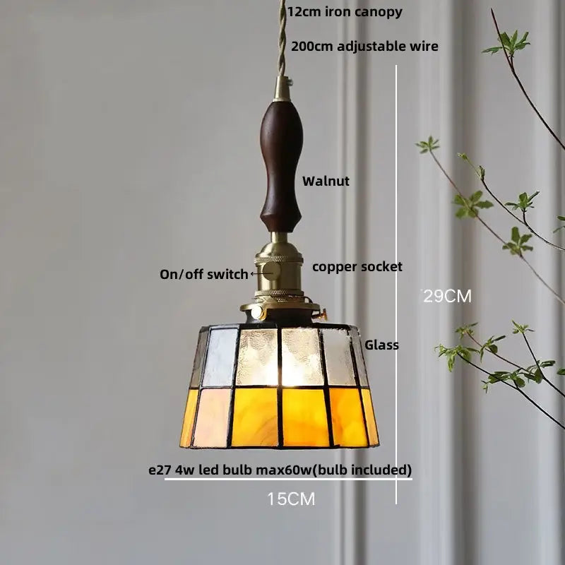 Vintage brass led pendant light amber glass dining room lamp