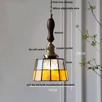 Vintage brass led pendant light amber glass dining room lamp