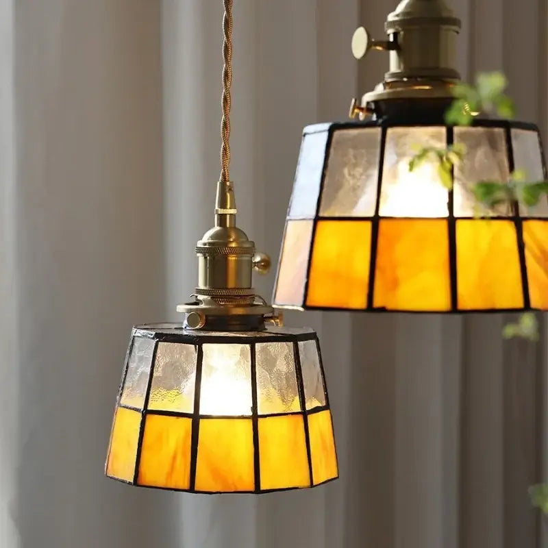 Vintage brass led pendant light amber glass dining room lamp
