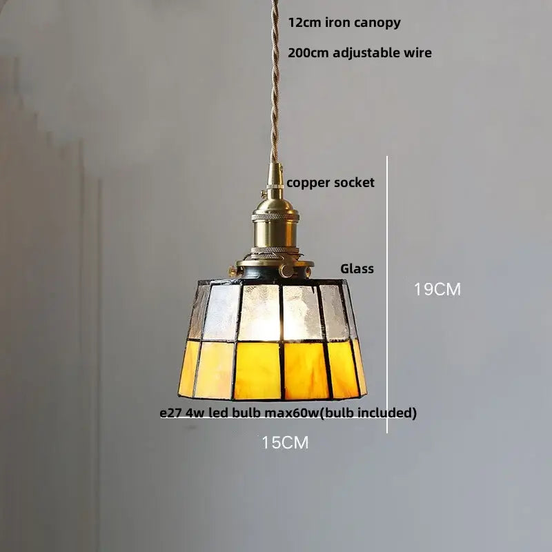 Vintage brass led pendant light amber glass dining room lamp