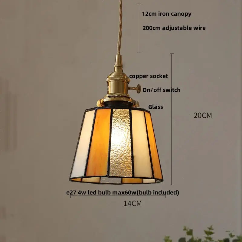 Vintage brass led pendant light amber glass dining room lamp