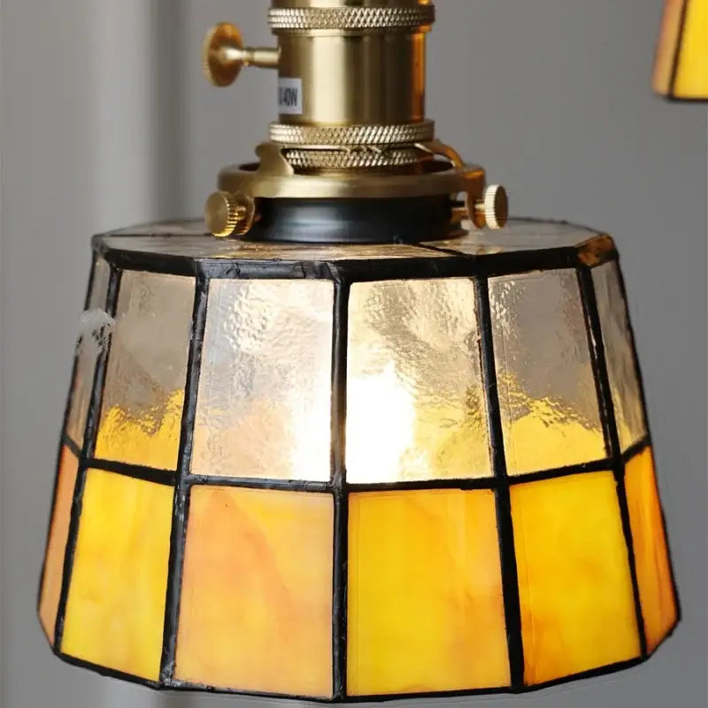 Vintage brass led pendant light amber glass dining room lamp