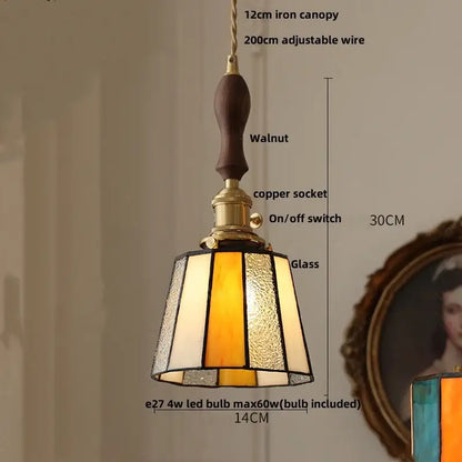 Vintage brass led pendant light amber glass dining room lamp