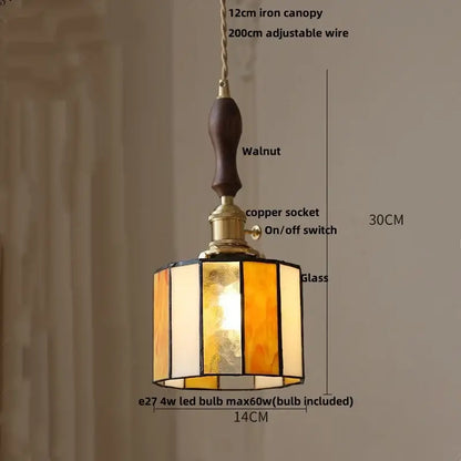 Vintage brass led pendant light amber glass dining room lamp
