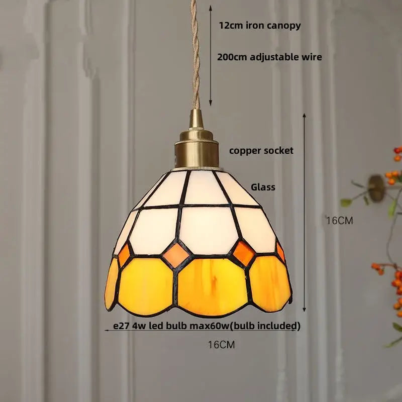 Vintage brass led pendant light amber glass dining room lamp