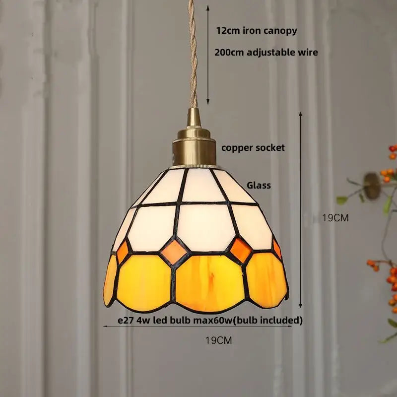 Vintage brass led pendant light amber glass dining room lamp