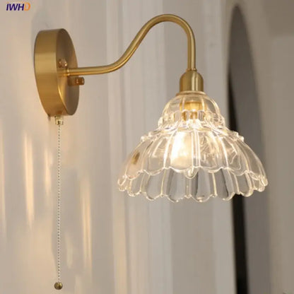 Vintage brass led wall light with fluted glass shade bedroom sconce