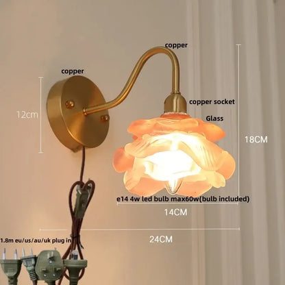 Vintage brass led wall light with fluted glass shade bedroom sconce