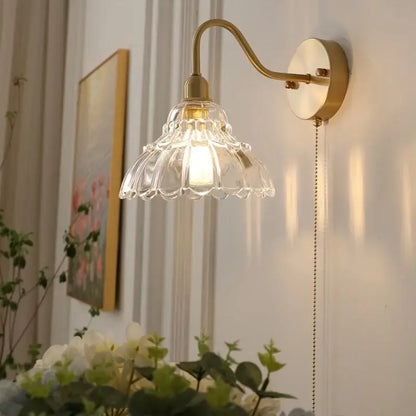 Vintage brass led wall light with fluted glass shade bedroom sconce