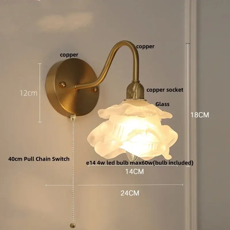 Vintage brass led wall light with fluted glass shade bedroom sconce