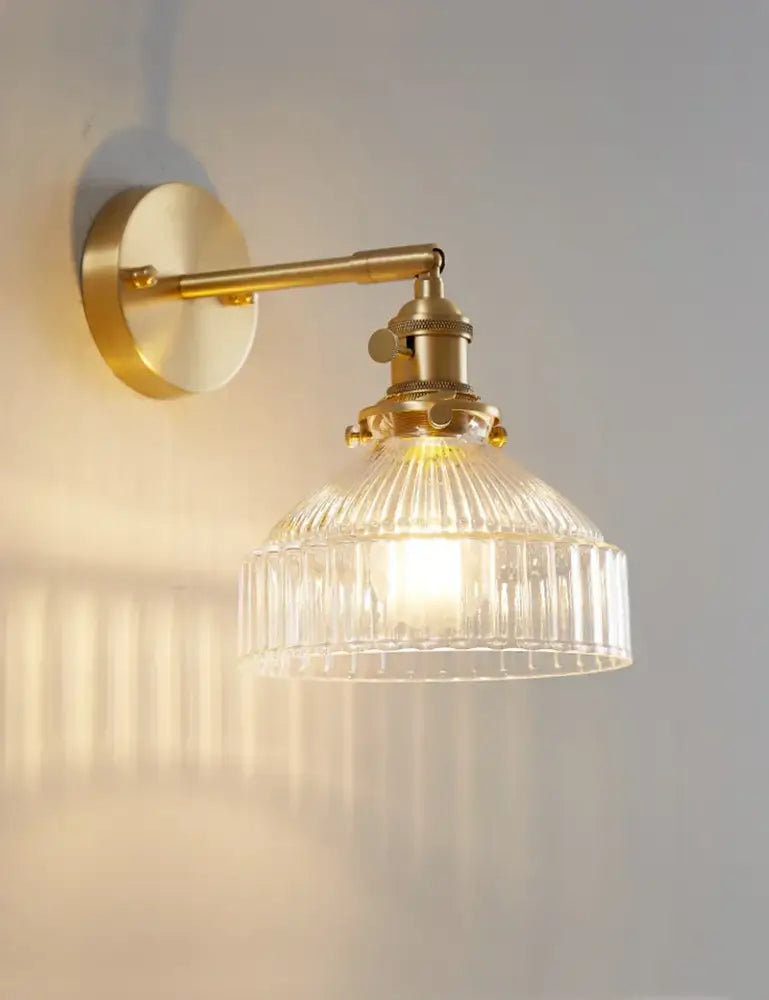 Vintage brass ribbed glass shade wall sconce bedroom lamp