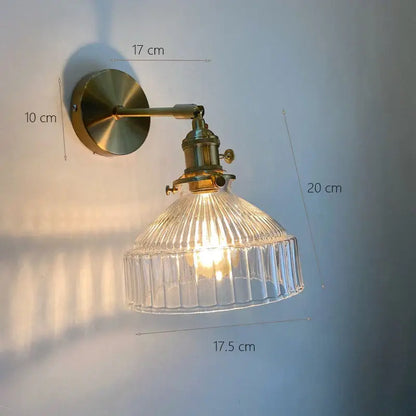 Vintage brass ribbed glass shade wall sconce bedroom lamp