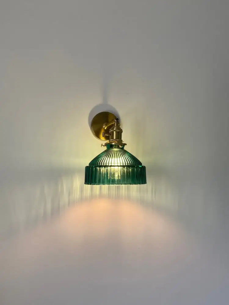 Vintage brass ribbed glass shade wall sconce bedroom lamp