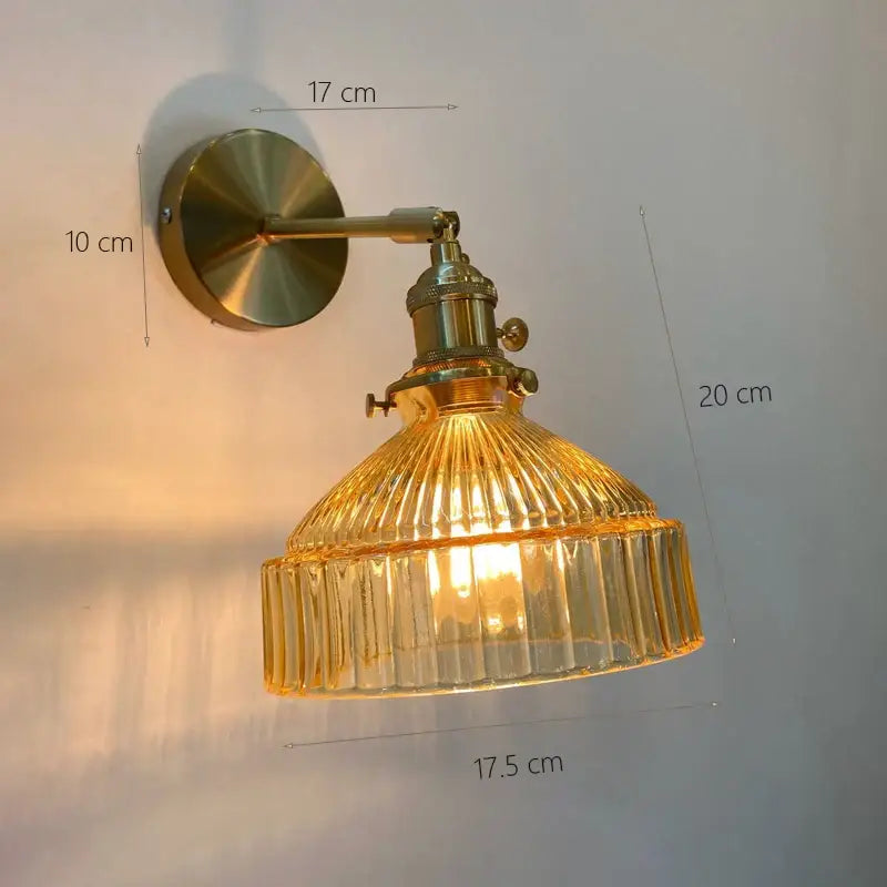 Vintage brass ribbed glass shade wall sconce bedroom lamp
